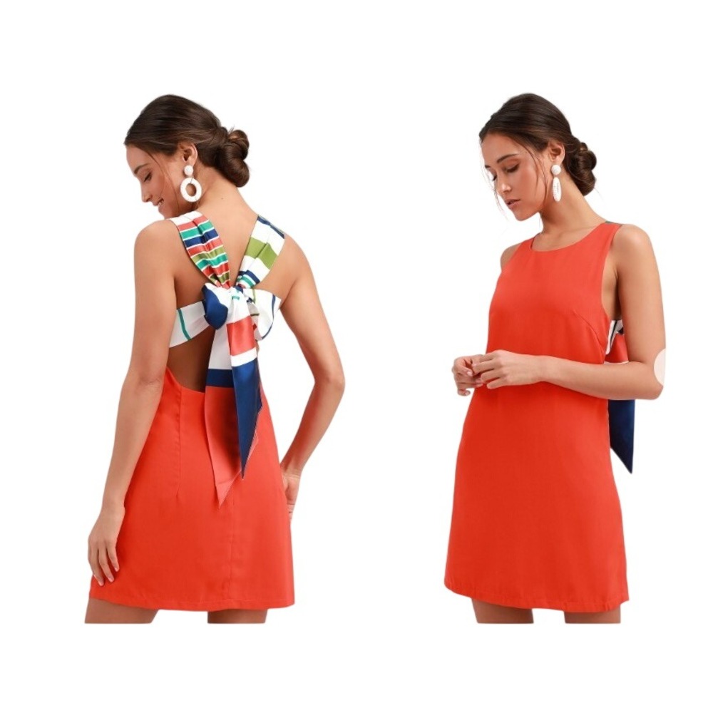 Lulus Dress Womens S Red Orange Joyful Multi Stripe Tie-Back Mini Dress Summer